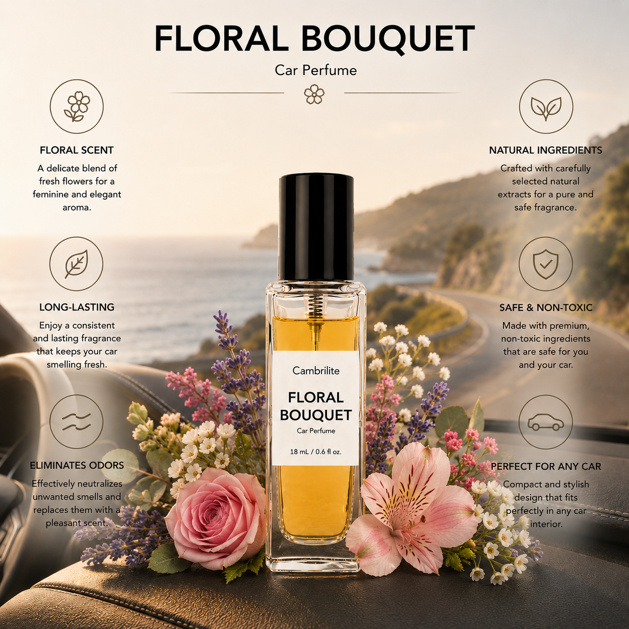 Cambrilite Car Perfume Diffuser-Premium Fragrance Spray (18 ml)-Hanging card-(Floral Bouquet) - Image 4