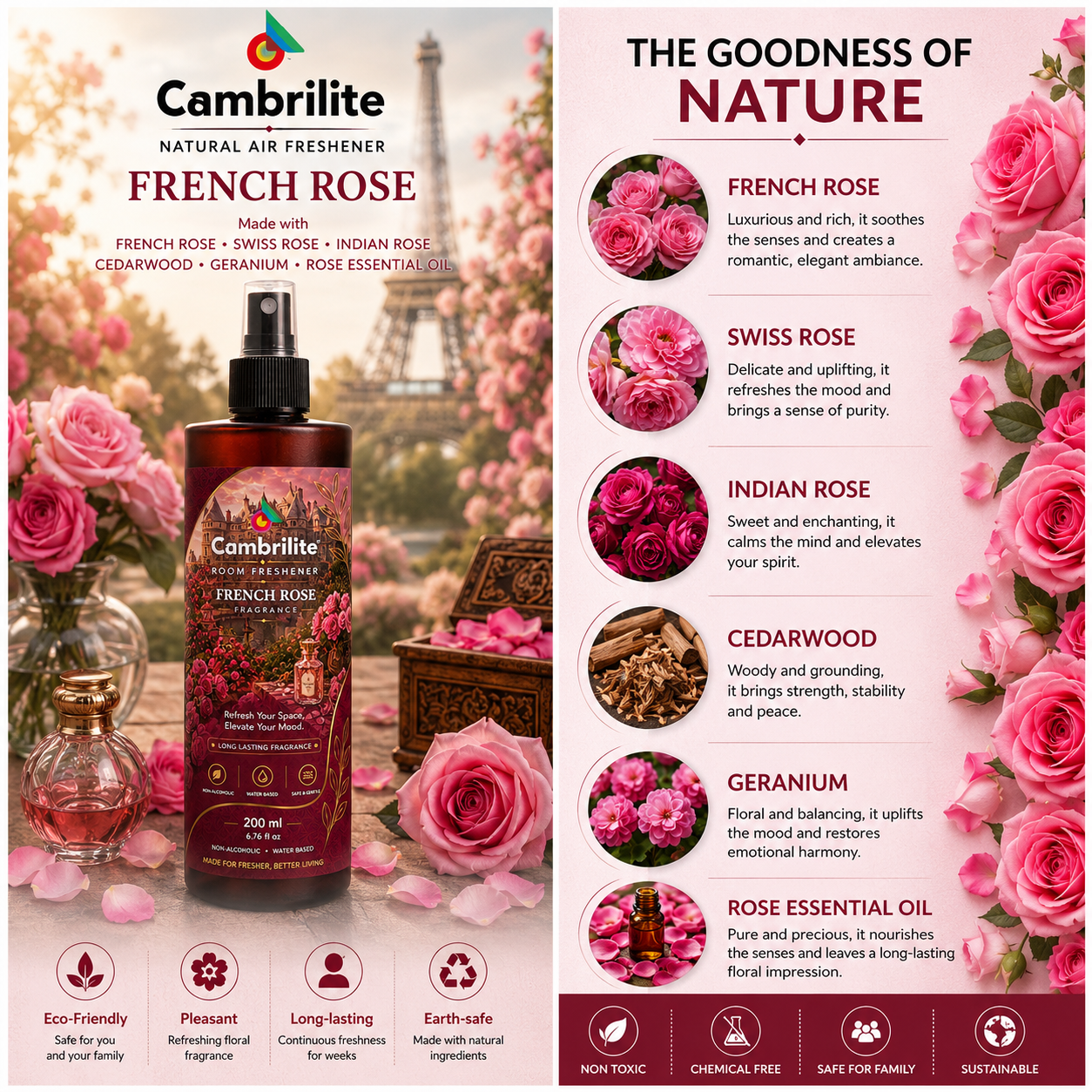 Cambrilte Room freshener water based luxurious, aerosol free, alcohol free fragrance for Home/Office/Living space (200 ml)-(French Rose) - Image 2