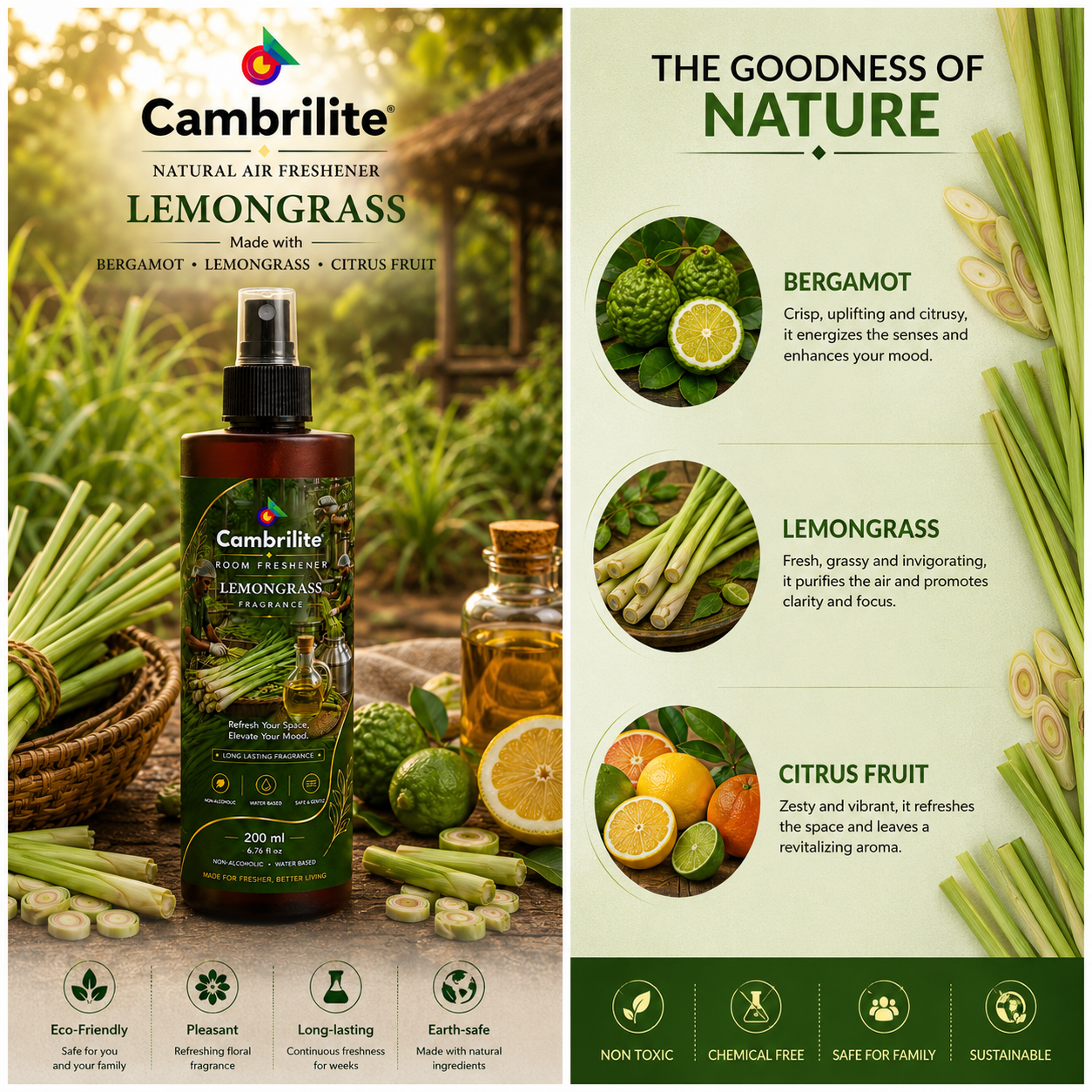 Cambrilite Room freshener water based luxurious, aerosol free, alcohol free fragrance for Home/Office/Living space (200 ml)-(Lemongrass) - Image 2
