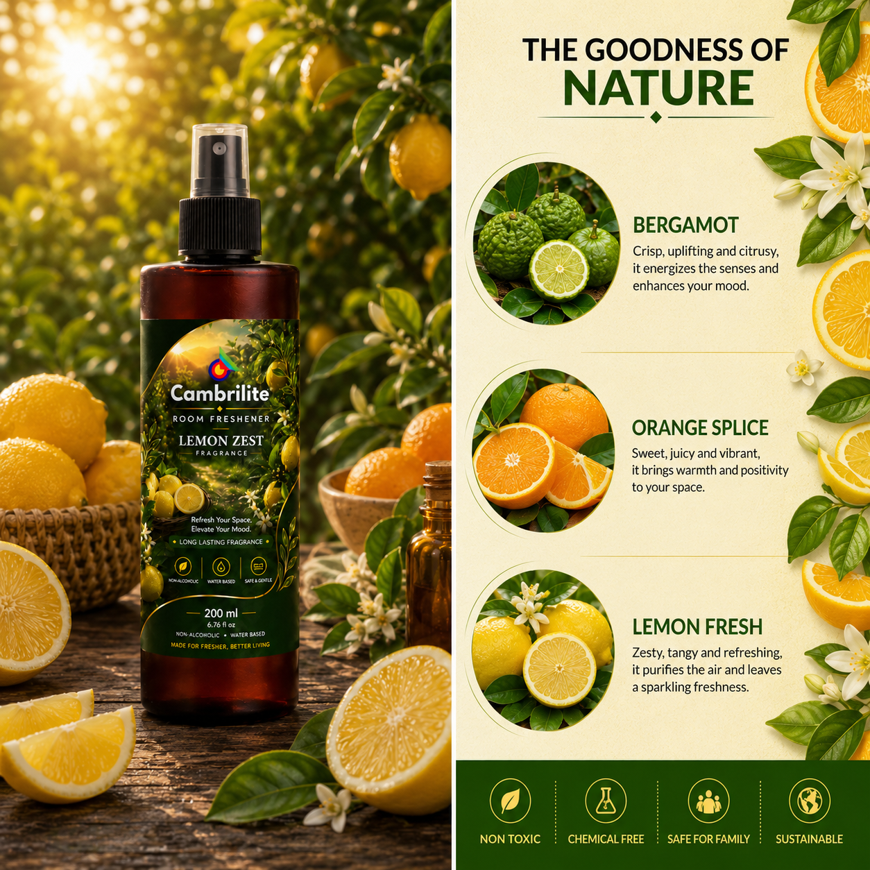 Cambrilite Room freshener water based luxurious, aerosol free, alcohol free fragrance for Home/Office/Living space (200 ml)-(Lemon Zest) - Image 3
